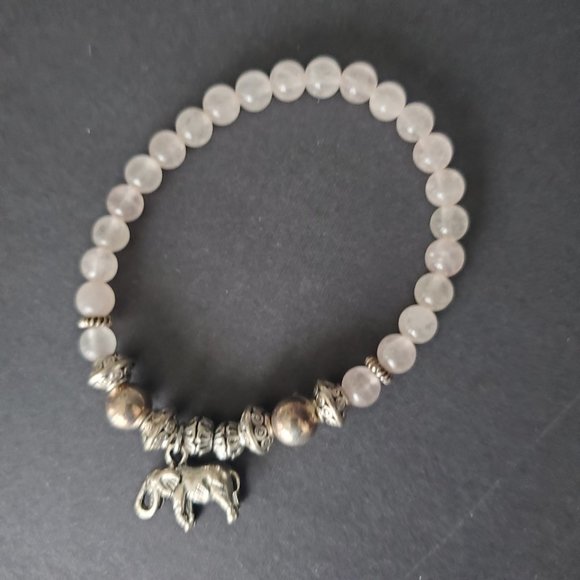 VTG Beaded Boho Bracelet + Elephant Charm Pink Quartz Beads & Rustic Silver - Picture 3 of 6